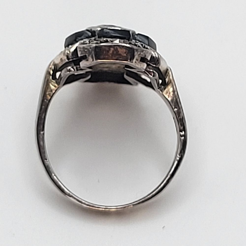 Sterling Silver Purple Glass Center Onyx Art Deco Style Ring Size 5 1/4 - Picture 3 of 13